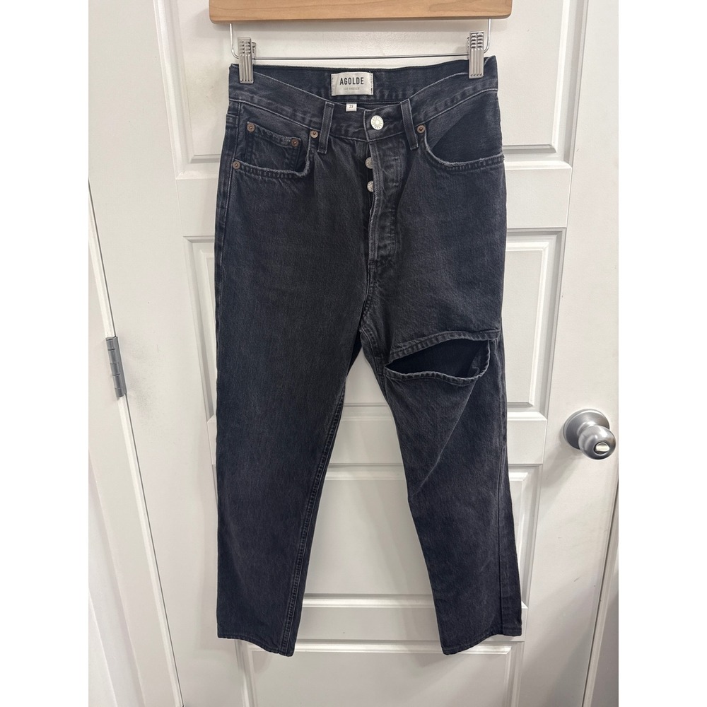 AGOLDE Lana Slice Washed Black Thigh Cutout High Rise Straight Leg Jeans Size 23